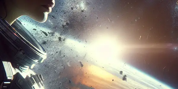 A female astronaut floats in space, surrounded by debris, with Earth in the distance and a male astronaut nearby.