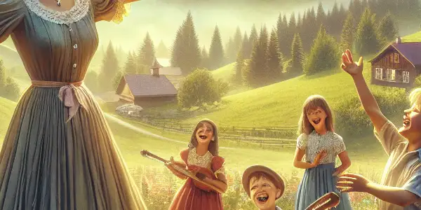 A cheerful teacher interacts with joyful children in a vibrant Austrian countryside, surrounded by mountains and wildflowers.