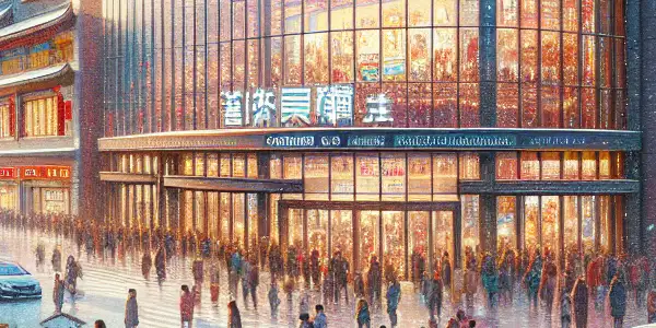 A bustling cinema scene in Yinchuan, featuring modern architecture, families enjoying restaurants, and traditional cultural elements in winter.