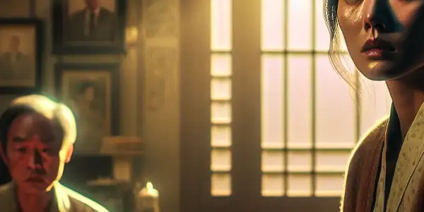 A tense moment between a concerned woman and a conflicted man in a cozy living room.