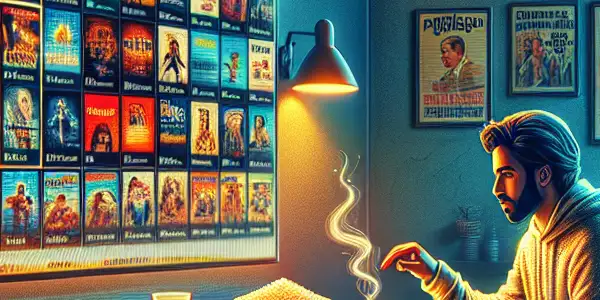 A cozy living room scene with a person browsing classic films on a laptop, surrounded by snacks and a warm cup of tea.