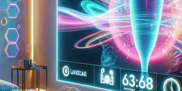 A modern living room advertisement featuring a glowing, high-tech "No Lag AV Condom" amidst a vibrant movie night setting.