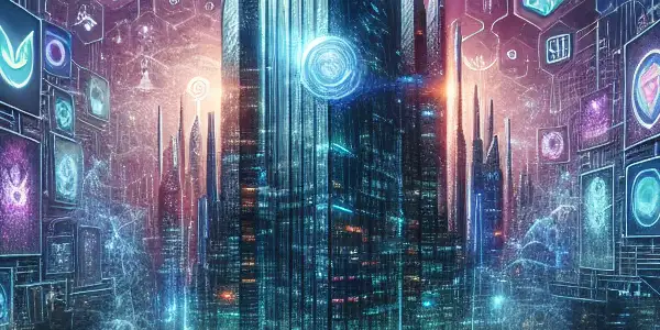 A vibrant, neon-lit city skyline featuring holographic displays of adult film genres and symbols of digital security.