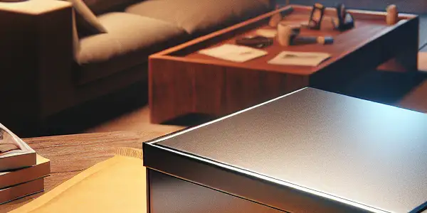 A cozy home scene featuring a plain shipping envelope and a sleek privacy box, emphasizing discretion in adult film packaging.