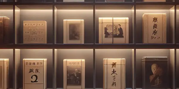 A discreet collection of classic Japanese adult films hidden among ordinary book-like boxes in a dimly lit room.