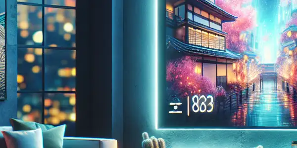 A cozy living room featuring a large screen displaying vibrant visuals, with Japanese cultural elements and a warm ambiance.