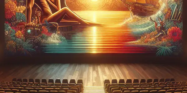 A modern cinema interior featuring a couple, plush seating, and a large screen displaying vibrant, abstract romantic themes.