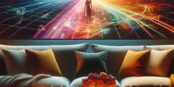 A cozy room with a plush sofa, ambient lighting, and a screen displaying vibrant, abstract themes of romance and passion.